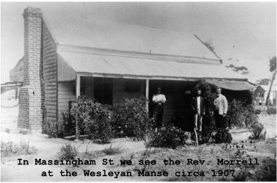 Black and White photograph Reverend Morrell and 2 other gentleman at the Wesleyan Manse, Massingham St Kellerberrin