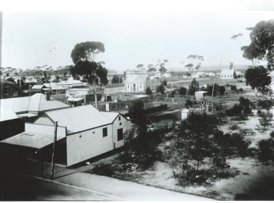 Black and white photograph.  Taken from Water Tower.  Anglican and Methodist Church