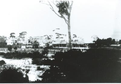 Black and White photograph.  Central Massingham street.  Agricultural Hall can be seen