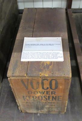 WOODEN KEROSENE CASE & 2 KEROSENE TINS