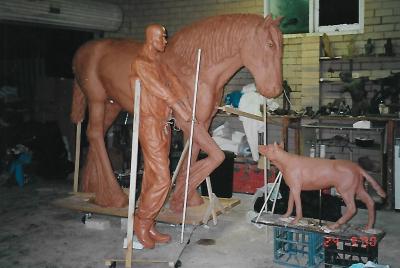 HORSE PLOUGH MAN DOG SCULPTURE IN THE MAKING YEAR 2000