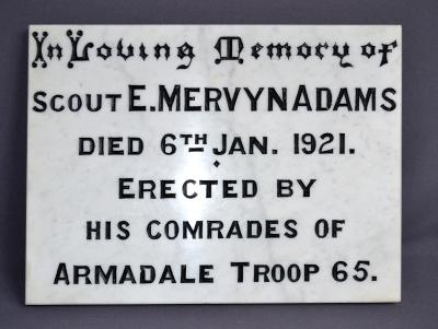 PLAQUE MEMORIAL - SCOUT EDGAR MERVYN ADAMS 6 JAN 1921
