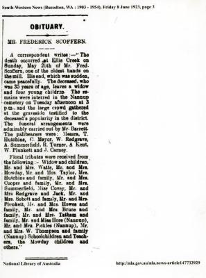 Obituary Fredrick Scoffern June 8th 1923 35 years old