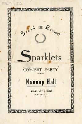 Grand Concert "Sparklets" Concert Party Nannup Town Hall 10th June 1939 Program