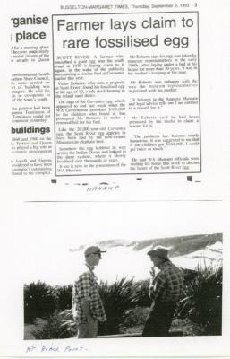 Newspaper article - "Farmer lays claim to fossilised Egg". 9/9/1993. Busselton Margaret River Times.