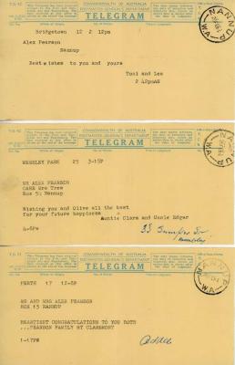 Telegrams to Alex and Olive Pearson on their wedding. 26 February 1954.
