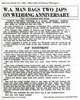 News article Daily News Perth, Western Australia. Friday 16 February 1945. W.A. Man Bags Two Japs On Wedding Anniversary. Corporal G.J. McAlpine of Nannup WA.