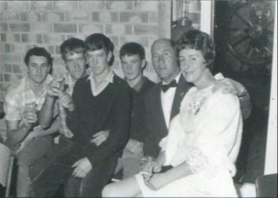 The Blythe Family L- R Alan Chrisp, Richard Cameron, Raymond Marlow( Hot rod driver) and Woggie Marlow, then Dave & Pat Blythe