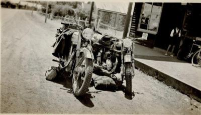 Bob Hall and friend from Harvey. 1949 - SW tour on BSA motor bikes. Outside Billie Hughes green grocers shop Warren Road Nannup. 1949