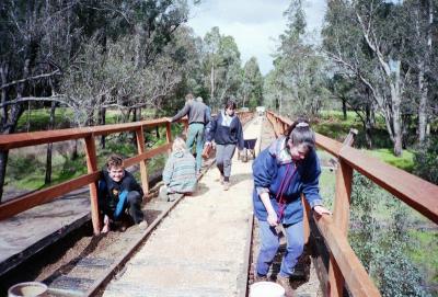 Jim Green with youth group "Leap Program". Maintenance on Nannup railway bridge. 1993