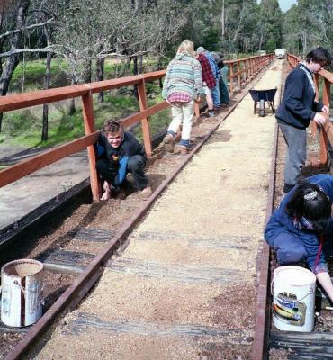 Jim Green with youth group "Leap Program". Maintenance on Nannup railway bridge. 1993