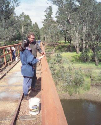 Jim Green with youth group "Leap Program". Maintenance on Nannup railway bridge. 1993