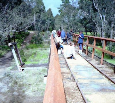 Jim Green with youth group "Leap Program". Maintenance on Nannup railway bridge. 1993