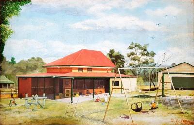 Nannup Pre School. Built 1930. Painting by Robert Stanley, presented to Sandy Dunnet on her retirement. The building was supposed to be the first part of a new school building but was never completed