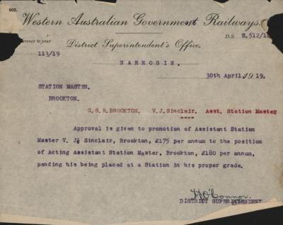 WAGR MEMO, PROMOTION VJ SINCLAIR, 30 APRIL 1919