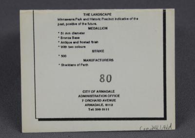 CARD - CITY OF ARMADALE CENTURY MEDAL