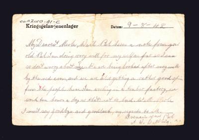 POSTCARD - PTE A WATTLING 9 AUG 1942 WWII POW