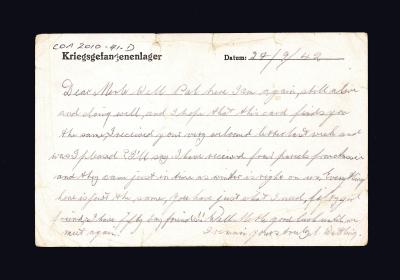 POSTCARD - PTE A WATTLING 27 SEPT 1942 WWII POW