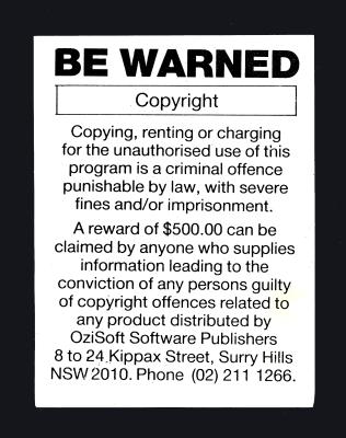 COPYRIGHT WARNING FOR COMMODORE 64 COMPUTER GAME