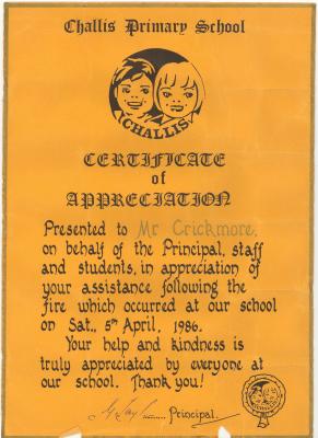 CERTIFICATE OF APPRECIATION FROM CHALLIS PRIMARY SCHOOL