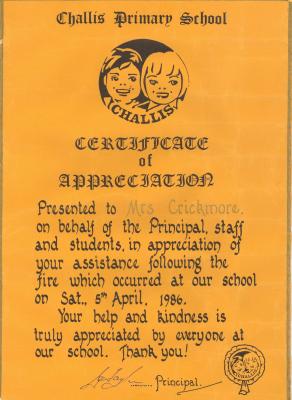 CERTIFICATE OF APPRECIATION FROM CHALLIS PRIMARY SCHOOL