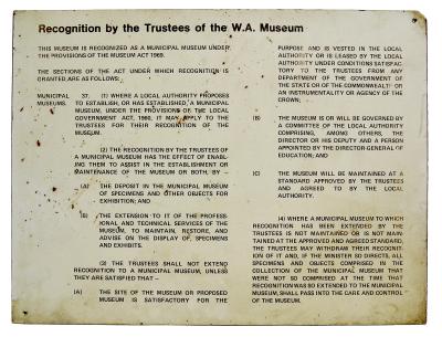 SIGN - RECOGNITION BY THE TRUSTEES OF THE W.A. MUSEUM SHEET