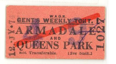 RAILWAY TICKET - GENTS WEEKLY TOKEN ARMADALE AND QUEENS PARK