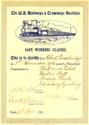 CERTIFICATE FOR SAFE WORKING CLASSES - RAILWAY AND TRAMWAYS INSTITUTE