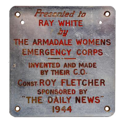 PLAQUE - TO RAY WHITE FROM THE ARMADALE WOMENS EMERGENCY CORPS