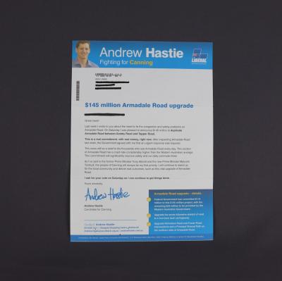 LIBERAL PARTY CAMPAIGN LETTER - ANDREW HASTIE FUNDING FOR ARMADALE ROAD