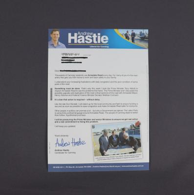 LIBERAL PARTY CAMPAIGN LETTER - ANDREW HASTIE FOCUS ON ARMADALE ROAD