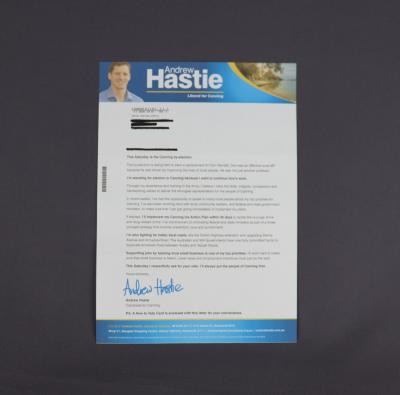 LIBERAL PARTY CAMPAIGN LETTER - ANDREW HASTIE