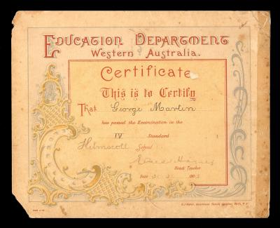 CERTIFICATE - EDUCATION DEPARTMENT WESTERN AUSTRALIA GEORGE MARTIN 1903