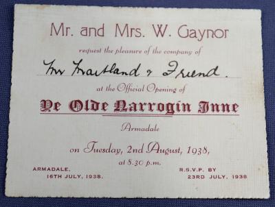 TICKET - OFFICIAL OPENING YE OLDE NARROGIN INNE 1938