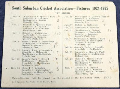 CRICKET FIXTURES - SOUTH SUBURBAN CRICKET ASSOCIATION 1924-25