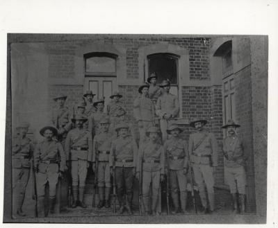 SOLDIERS OUTSIDE TOODYAY MEMORIAL HALL OR THE TOODYAY ODDFELLOW'S HALL