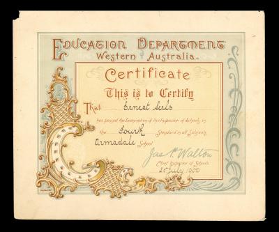 CERTIFICATE - EDUCATION DEPARTMENT WESTERN AUSTRALIA ERNEST SERLS 1900
