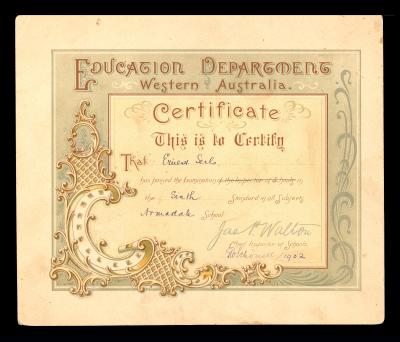 CERTIFICATE - EDUCATION DEPARTMENT WESTERN AUSTRALIA ERNEST SERLS 1902