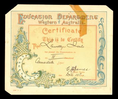CERTIFICATE - EDUCATION DEPARTMENT WESTERN AUSTRALIA LLEWELLYN SERLS 1911