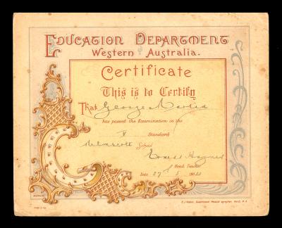 CERTIFICATE - EDUCATION DEPARTMENT WESTERN AUSTRALIA GEORGE MARTIN 1904