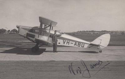 POSTCARD: VIV JAMES WITH HIS FOX-MOTH AEROPLANE, ABU