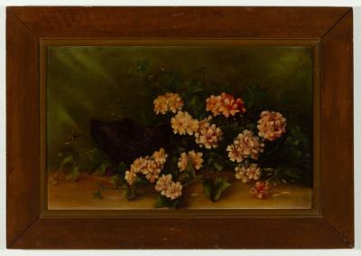 PAINTING: 'PINK IVY GERANIUMS AND SHELL VASE', E. RICHARDS