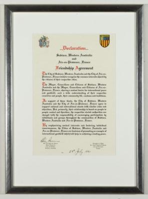 CERTIFICATE: DECLARATION OF SISTER CITY AGREEMENT, SUBIACO AND AIX-EN-PROVENCE