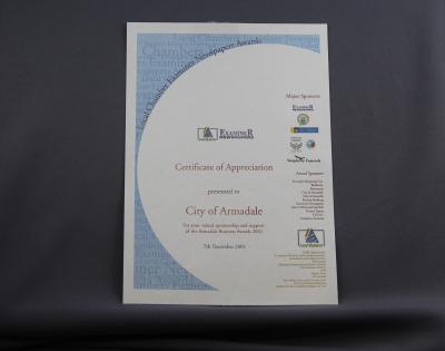 CERTIFICATE OF APPRECIATION FROM ARMADALE BUSINESS AWARDS 2001