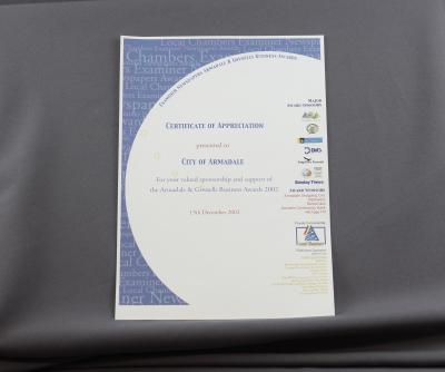 CERTIFICATE OF APPRECIATION FROM ARMADALE BUSINESS AWARDS 2002
