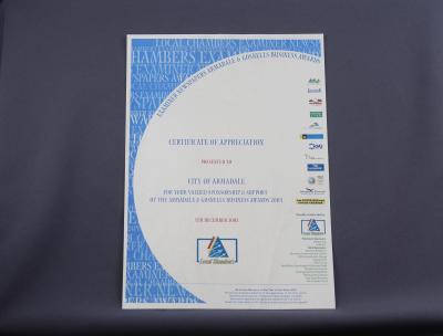 CERTIFICATE OF APPRECIATION FOR SUPPORT OF ARMADALE & GOSNELLS BUSINESS AWARDS 2003