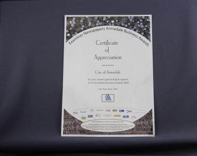 CERTIFICATE OF APPRECIATION FOR SUPPORT OF ARMADALE BUSINESS AWARDS 2005