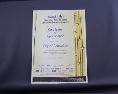 CERTIFICATE OF APPRECIATION FOR SUPPORT OF ARMADALE BUSINESS AWARDS 2006
