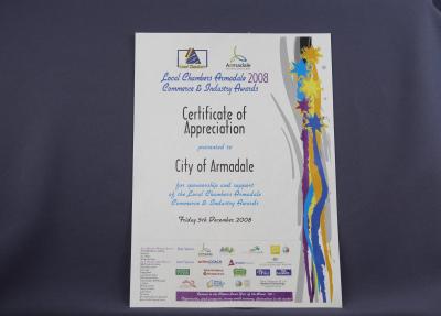 CERTIFICATE OF APPRECIATION FOR SUPPORT OF THE ARMADALE COMMERCE & INDUSTRY AWARDS 2008