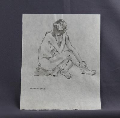 PEN & INK DRAWING - MALE SITTING ON FLOOR MASKED STEPHEN O'BRIEN